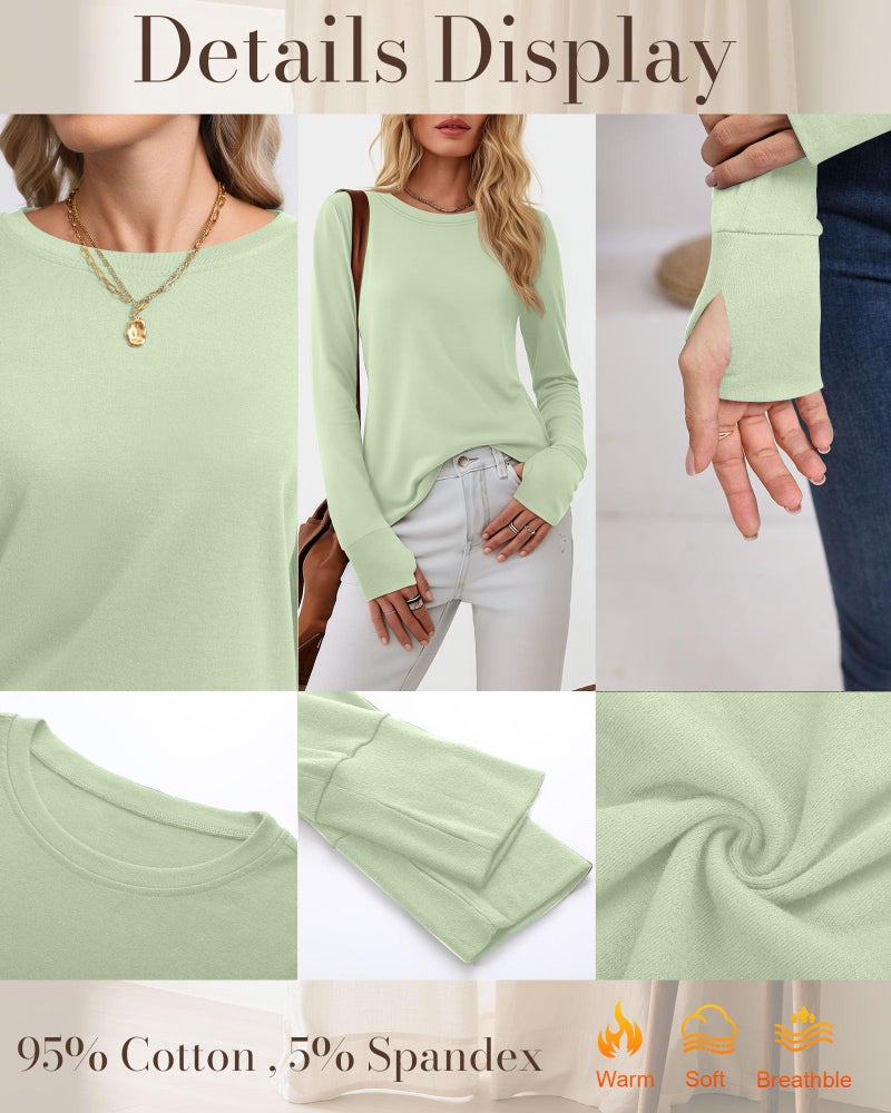 Huukeay 3 Pack Women's Long Sleeve Shirts with Thumb Holes, Cotton Casual Crew Neck Tunic Tops Fall Loose Y2k Trendy Outfits(Black, Light Blue, Light Green,Small) - Image 5
