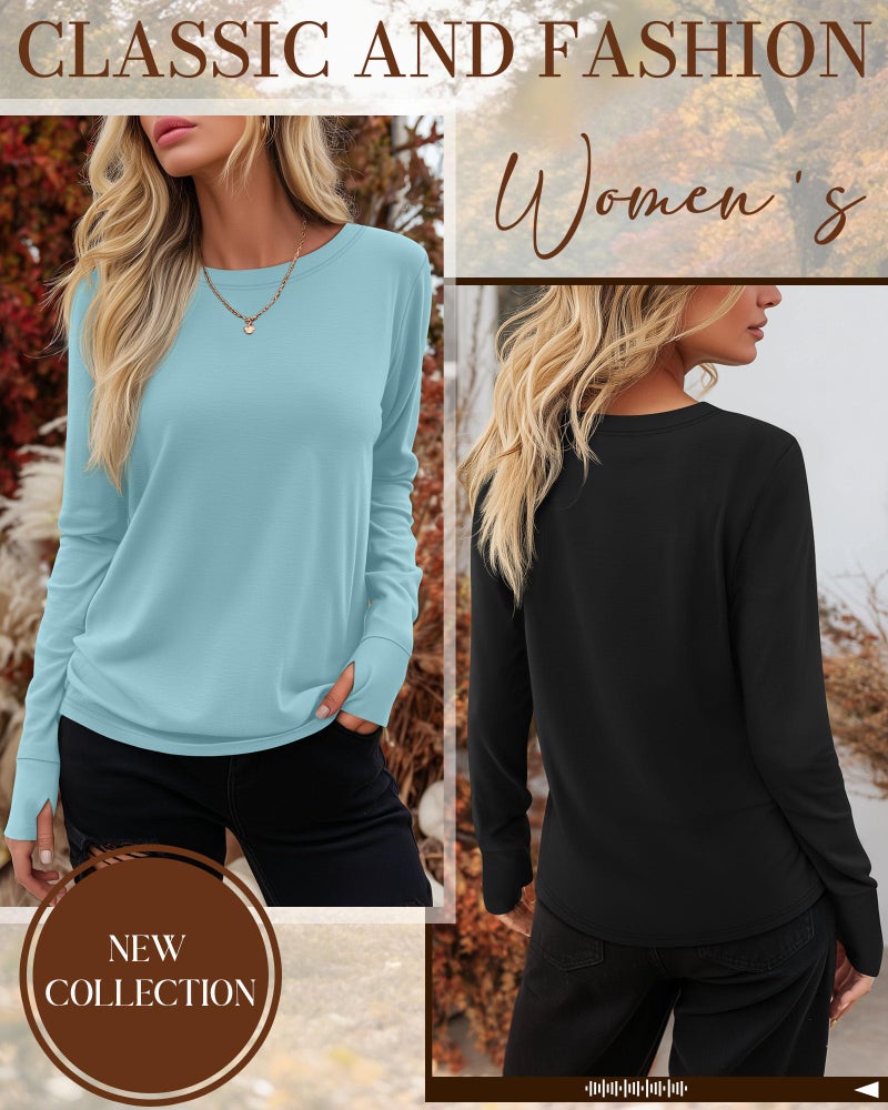 Huukeay 3 Pack Women's Long Sleeve Shirts with Thumb Holes, Cotton Casual Crew Neck Tunic Tops Fall Loose Y2k Trendy Outfits(Black, Light Blue, Light Green,Small) - Image 4