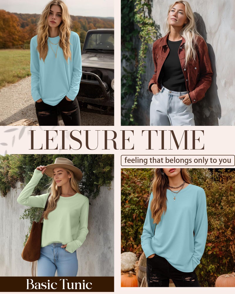 Huukeay 3 Pack Women's Long Sleeve Shirts with Thumb Holes, Cotton Casual Crew Neck Tunic Tops Fall Loose Y2k Trendy Outfits(Black, Light Blue, Light Green,Small) - Image 2