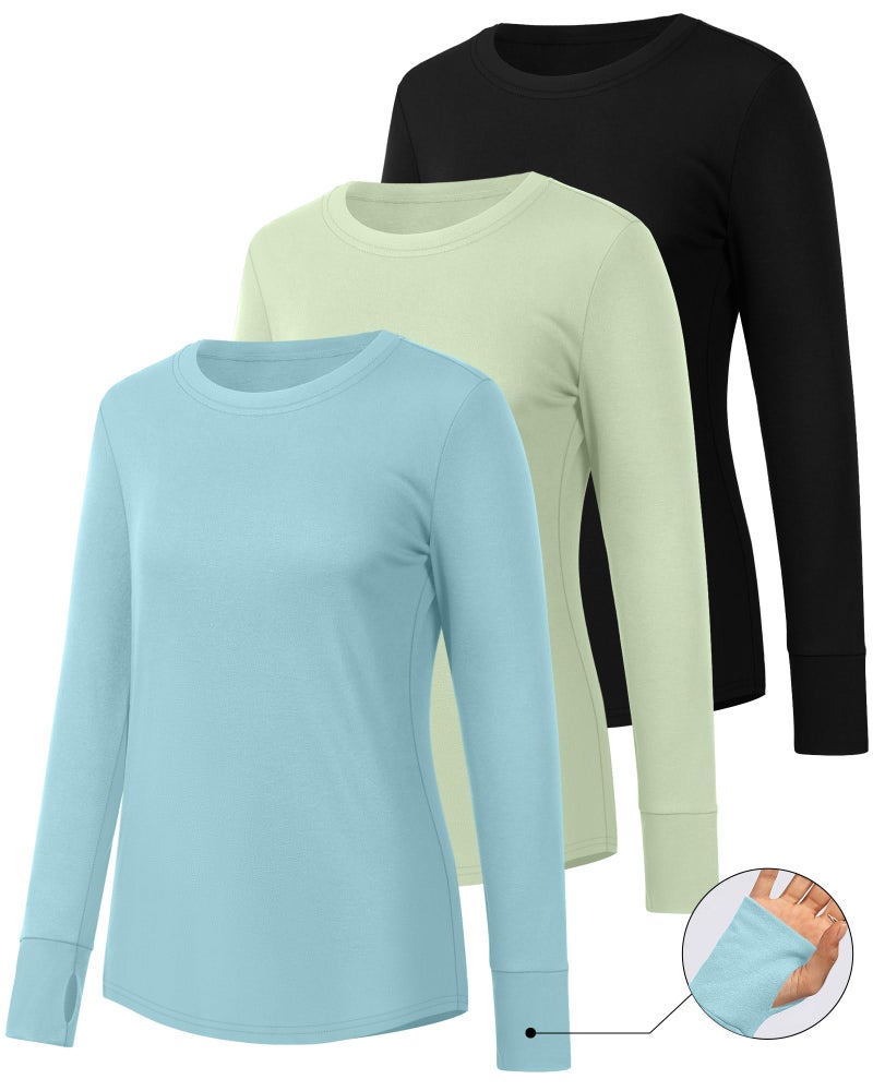 Huukeay 3 Pack Women's Long Sleeve Shirts with Thumb Holes, Cotton Casual Crew Neck Tunic Tops Fall Loose Y2k Trendy Outfits(Black, Light Blue, Light Green,Small) - Image 3
