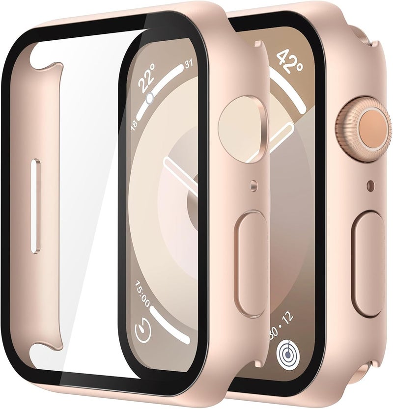 Misxi [2 Pack] 1 Rose Gold + 1 Clear Hard Case with Tempered Glass Screen Protector for Apple Watch, Ultra Thin Anti-Scratch Protective Cover for 41mm Apple Watch Series 9 Series 8 Series 7 - Image 1