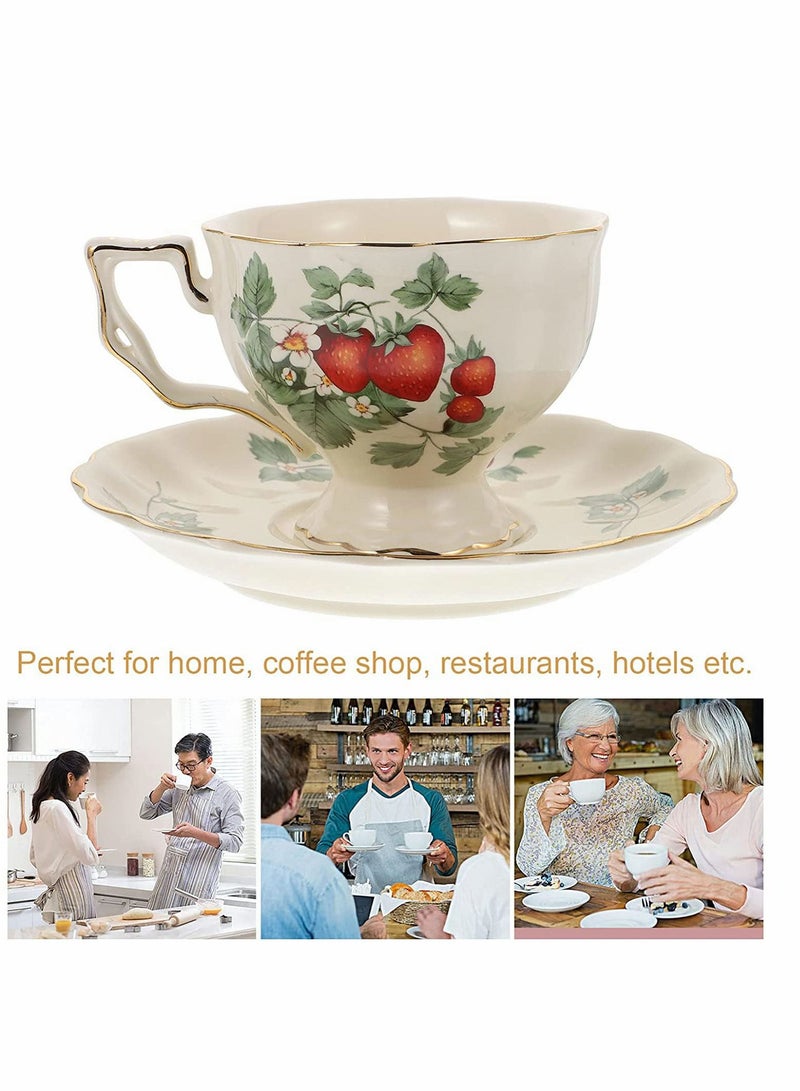 SYOSI طقم أكواب شاي قهوة خزفية عتيقة مع حواف ذهبية - صندوق هدايا، فنجان قهوة + طبق + ملعقة شاي، 220 مل (كوب عالي من كعكة الفراولة) - Image 4
