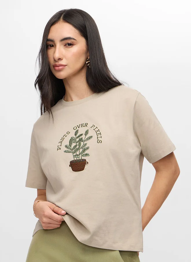 ذا سوليد ستور Plants Over Pixels Embroidered Beige T-Shirt for Women