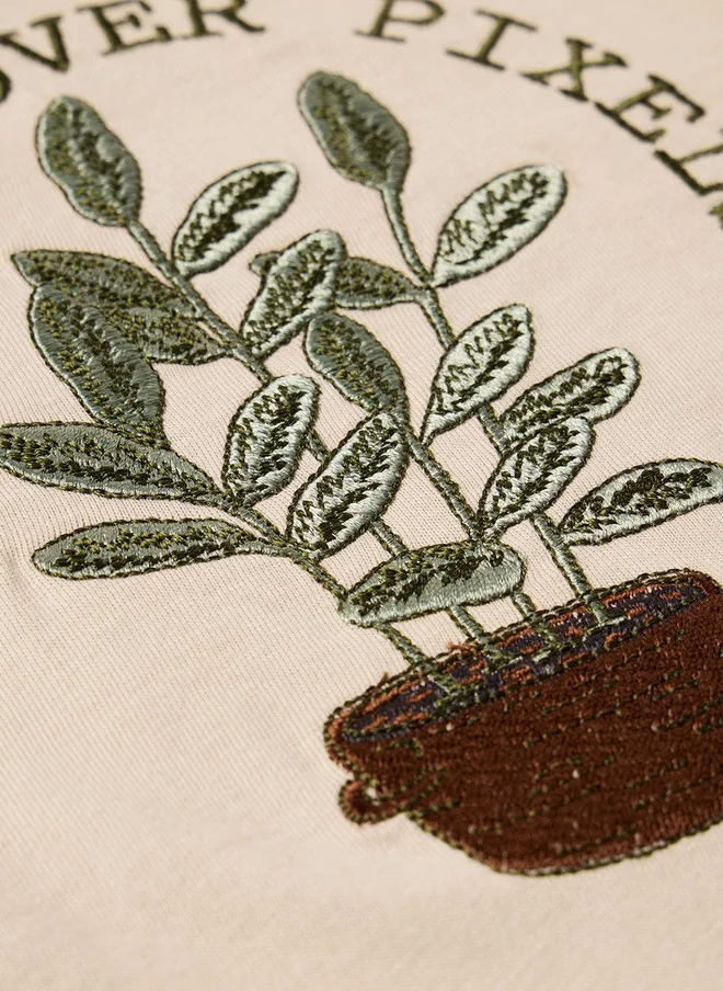 ذا سوليد ستور Plants Over Pixels Embroidered Beige T-Shirt for Women