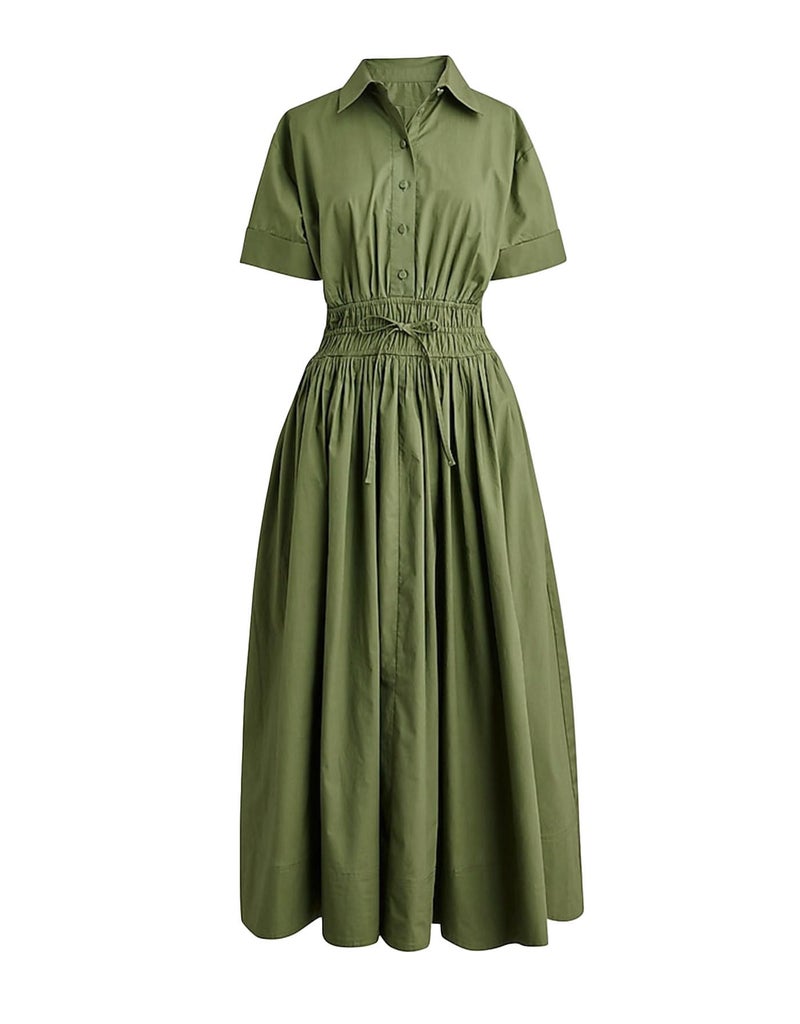Ladyful Women Casual Button Down Short Sleeve Shirt Dress Tie Waist Midi Shirt Dress Elegant Business Midi Dress Green - Image 5