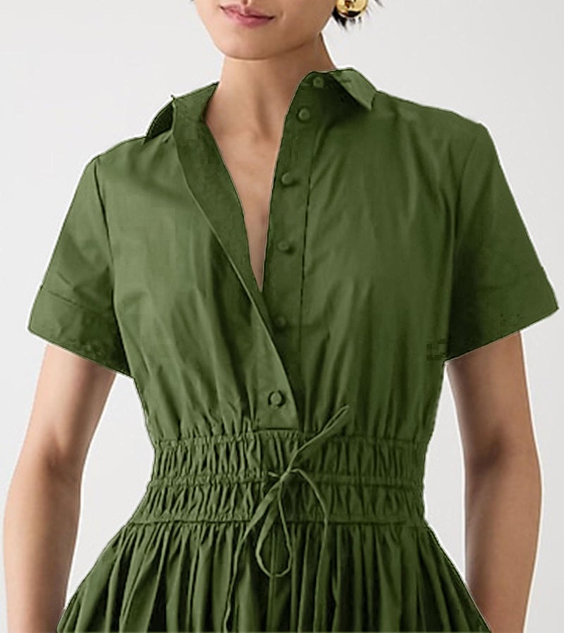 Ladyful Women Casual Button Down Short Sleeve Shirt Dress Tie Waist Midi Shirt Dress Elegant Business Midi Dress Green - Image 2