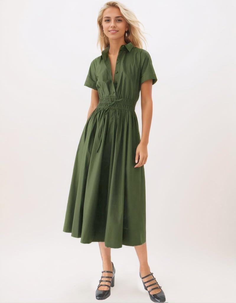 Ladyful Women Casual Button Down Short Sleeve Shirt Dress Tie Waist Midi Shirt Dress Elegant Business Midi Dress Green - Image 4