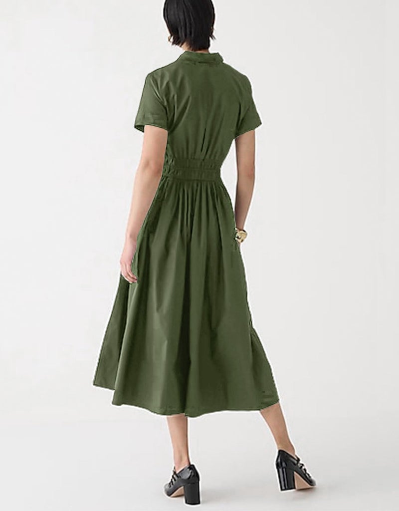 Ladyful Women Casual Button Down Short Sleeve Shirt Dress Tie Waist Midi Shirt Dress Elegant Business Midi Dress Green - Image 3