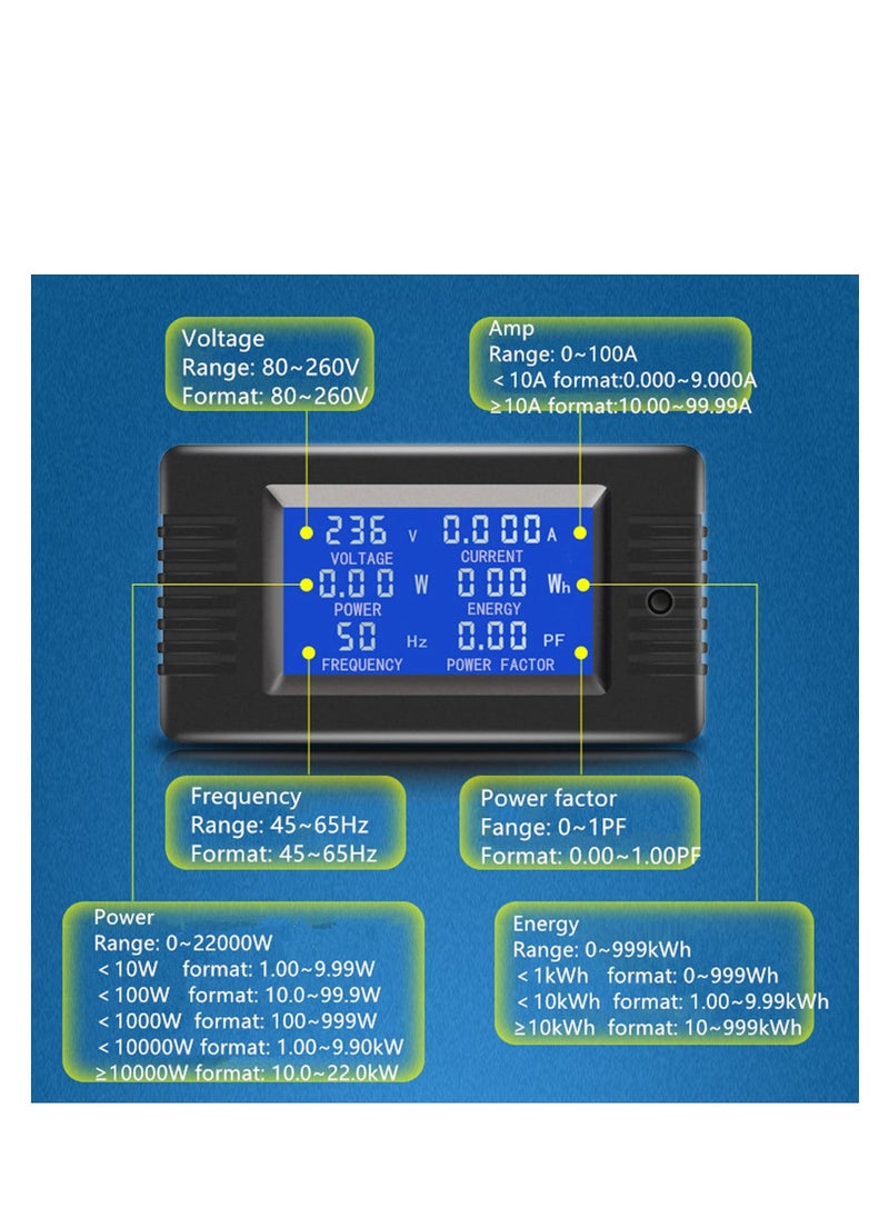 AC Power Meter, 80-260V 100A Voltage Current Color LCD Display Panel, Current Voltage Amperage Energy Meter Monitor, Digital Ammeter Voltmeter with Split Core Current Transformer CT, AC 100A Meter  - Image 4