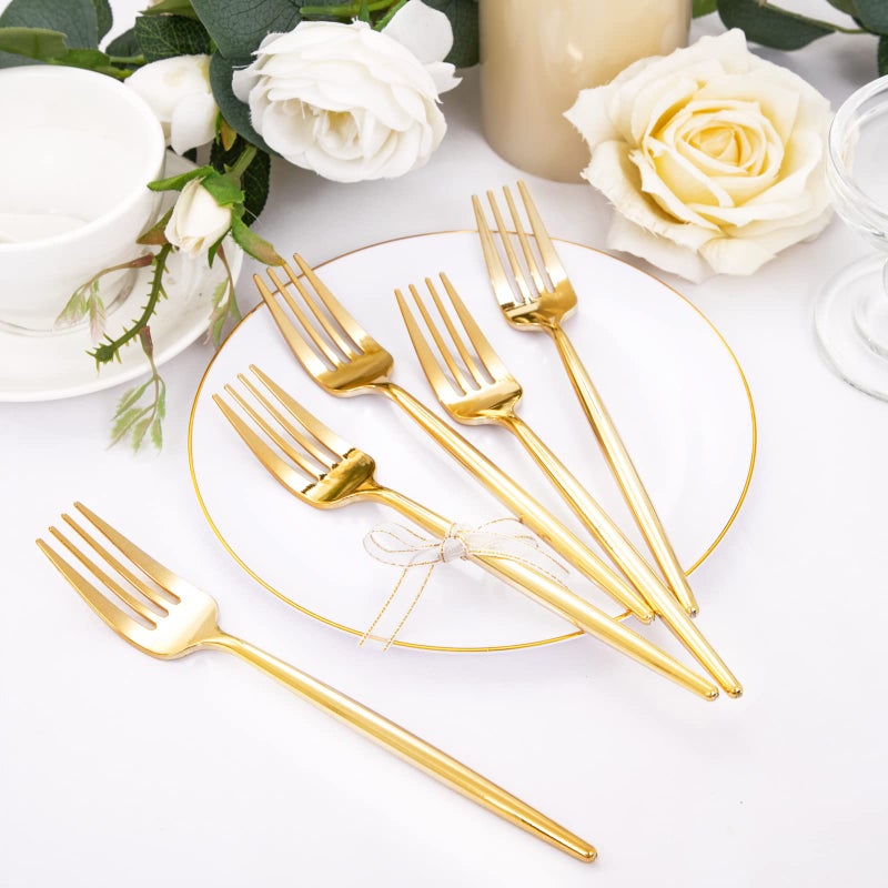 Rubtlamp 200Pcs Gold Plastic Dessert Plates White Appetizer Platos with Gold Disposable Forks  Fancy Small Dessert/Cake Plates Include 100pcs 7.5"" Salad Platos  100pcs 7.6"" Plastic Forks for Party - Image 3