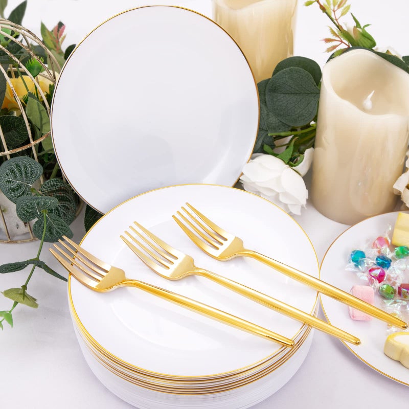 Rubtlamp 200Pcs Gold Plastic Dessert Plates White Appetizer Platos with Gold Disposable Forks  Fancy Small Dessert/Cake Plates Include 100pcs 7.5"" Salad Platos  100pcs 7.6"" Plastic Forks for Party - Image 4