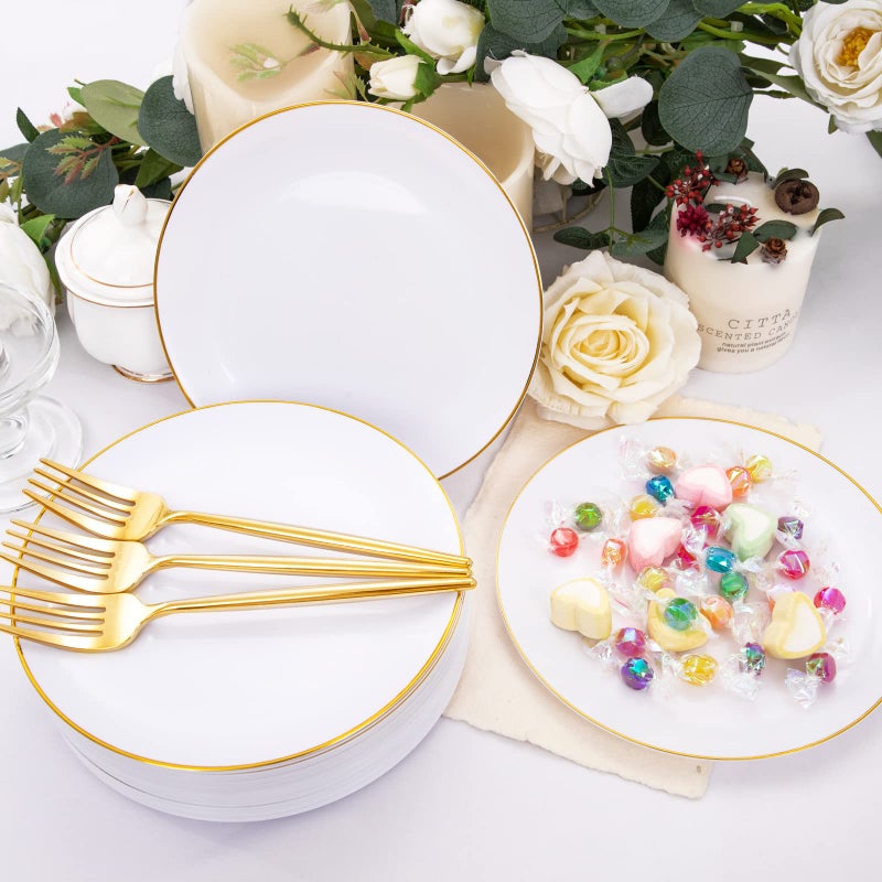 Rubtlamp 200Pcs Gold Plastic Dessert Plates White Appetizer Platos with Gold Disposable Forks  Fancy Small Dessert/Cake Plates Include 100pcs 7.5"" Salad Platos  100pcs 7.6"" Plastic Forks for Party - Image 5