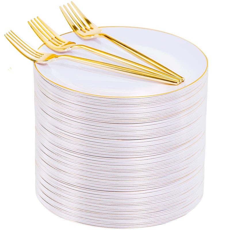 Rubtlamp 200Pcs Gold Plastic Dessert Plates White Appetizer Platos with Gold Disposable Forks  Fancy Small Dessert/Cake Plates Include 100pcs 7.5"" Salad Platos  100pcs 7.6"" Plastic Forks for Party - Image 1