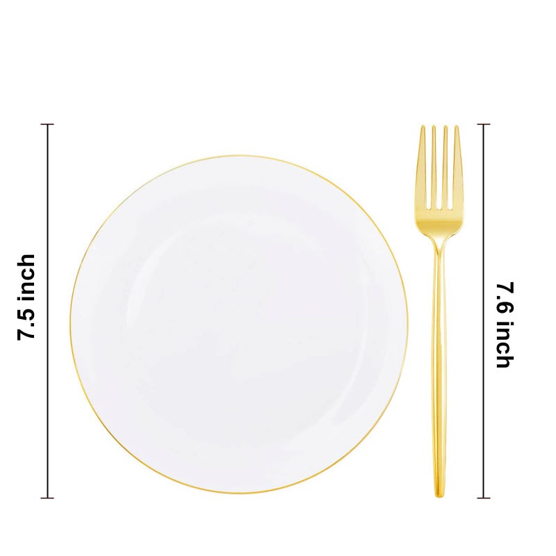 Rubtlamp 200Pcs Gold Plastic Dessert Plates White Appetizer Platos with Gold Disposable Forks  Fancy Small Dessert/Cake Plates Include 100pcs 7.5"" Salad Platos  100pcs 7.6"" Plastic Forks for Party - Image 2