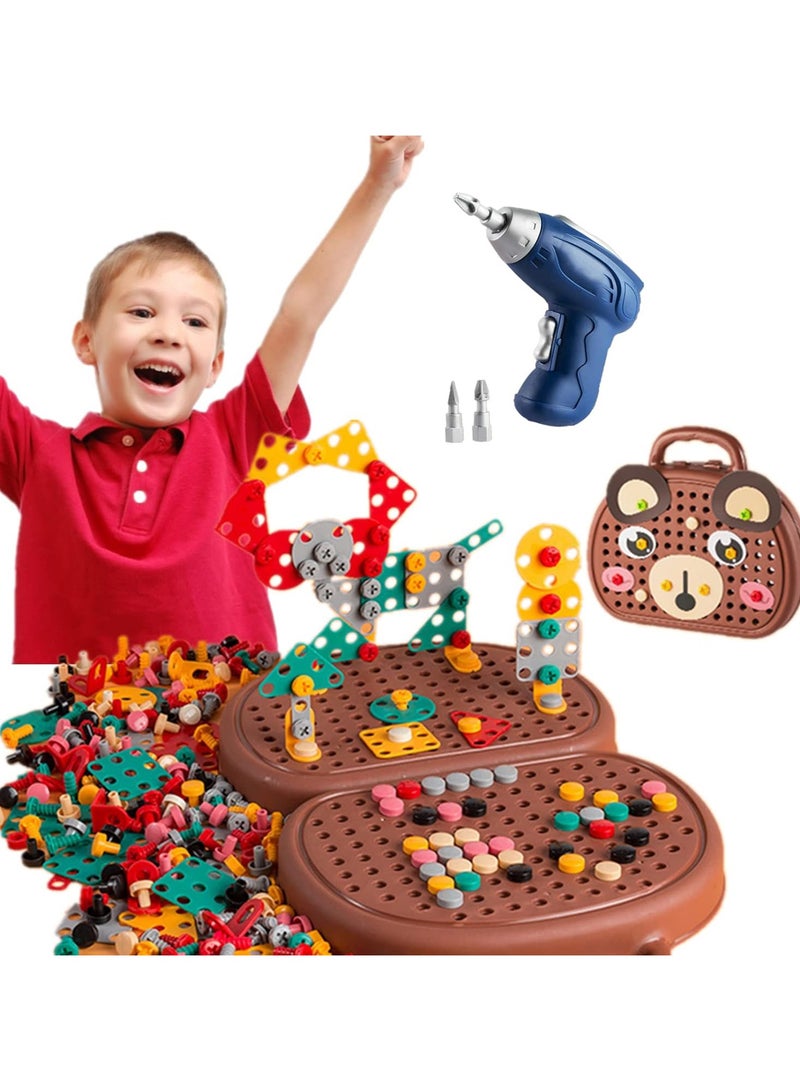Kids Screwdriver Toy Set, 204 Pcs Kids Drill Set Stem Toys for 4 Year Old Boys,Construction Engineering Building Block Games with Toy Drill & Screw Driver Tool Set (Brown Bear) - Image 1