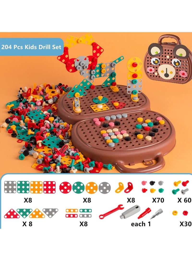 Kids Screwdriver Toy Set, 204 Pcs Kids Drill Set Stem Toys for 4 Year Old Boys,Construction Engineering Building Block Games with Toy Drill & Screw Driver Tool Set (Brown Bear) - Image 2
