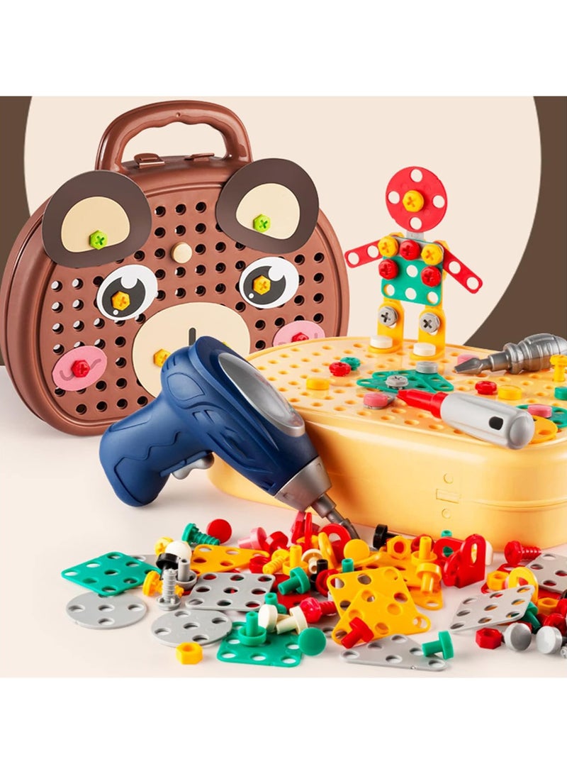 Kids Screwdriver Toy Set, 204 Pcs Kids Drill Set Stem Toys for 4 Year Old Boys,Construction Engineering Building Block Games with Toy Drill & Screw Driver Tool Set (Brown Bear) - Image 3