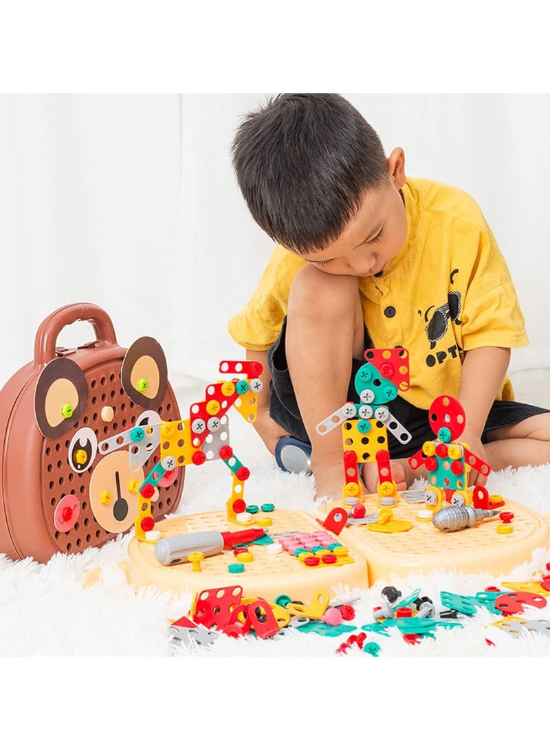 Kids Screwdriver Toy Set, 204 Pcs Kids Drill Set Stem Toys for 4 Year Old Boys,Construction Engineering Building Block Games with Toy Drill & Screw Driver Tool Set (Brown Bear) - Image 4