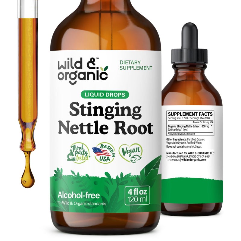 Wild & Organic Wild Organic Stinging Nettle Tincture Stinging Nettle Root Extract Drops for Men Women Liquid Urtica Dioica Supplement Vegan Sugar AlcoholFree 4 fl oz 