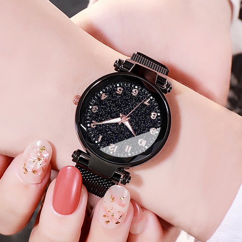 New versatile fashion womens starry sky watch Korean simple popular magnet strap quartz Womens Watch suit Black