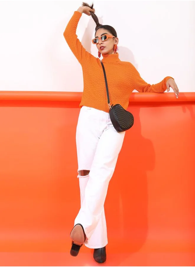 Tokyo Talkies Solid Self Design High Neck Sweater by Styli