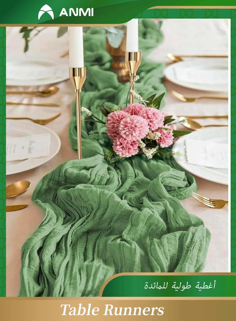 Anmi 90 x 400 cm Gauze Table Runner, Boho Gauze Table Runner for Wedding Bridal Baby Shower Birthday Party Table Decoration (Green) - Image 1