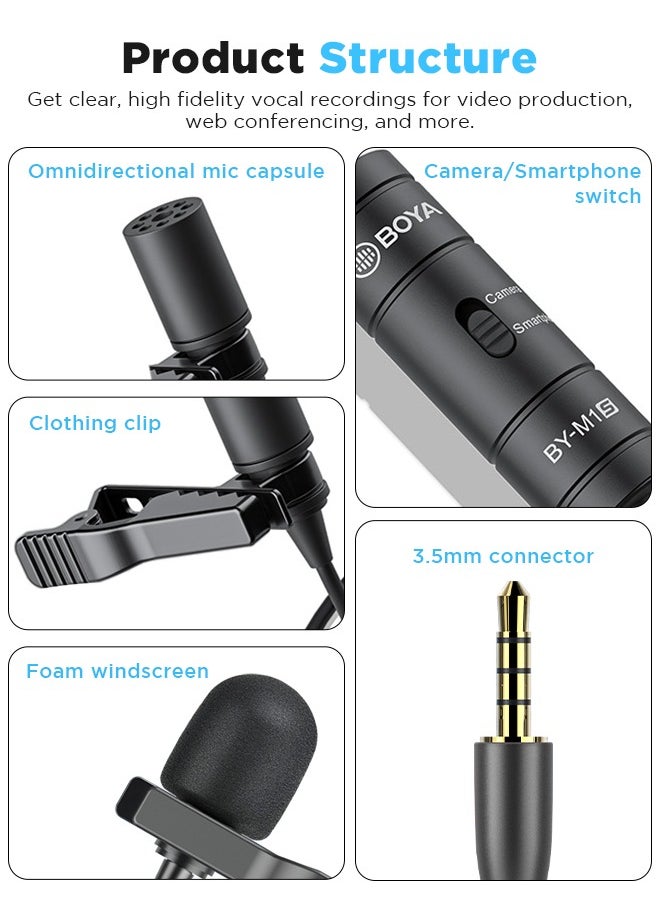 BOYA - BOYA Lavalier Lapel Microphone - No Battery, by-M1 Pro ll Omnidirectional Condenser Mic for iPhone Camera Android PC Windows - for YouTube, Interview, Video Recording 19.6ft(6m) - Image 1