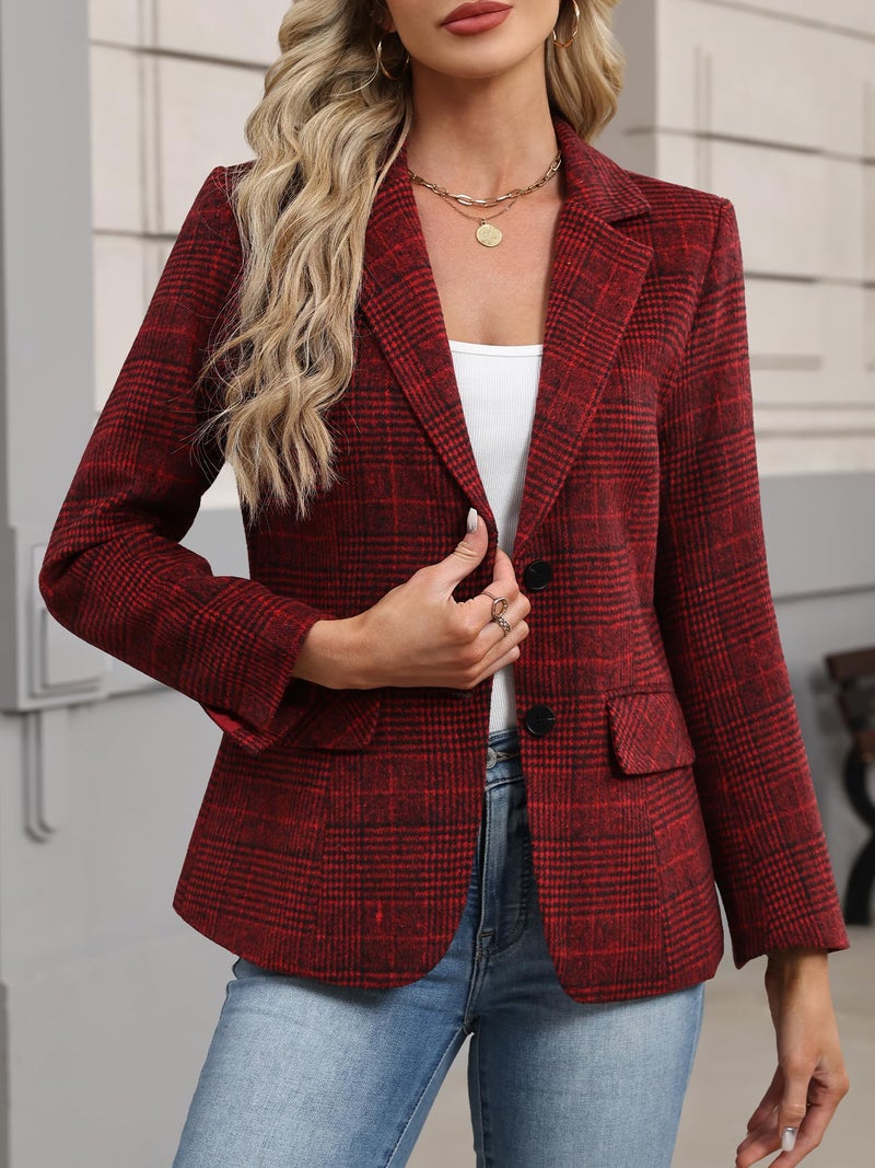 ELLEVEN Womens Casual Plaid Blazer Lapel Collar Double Button Long Sleeve Boyfriend Blazer Suit Houndstooth Plaid Blazer Jacket Business Work Office Blazer Suits Red Plaid Small - Image 4