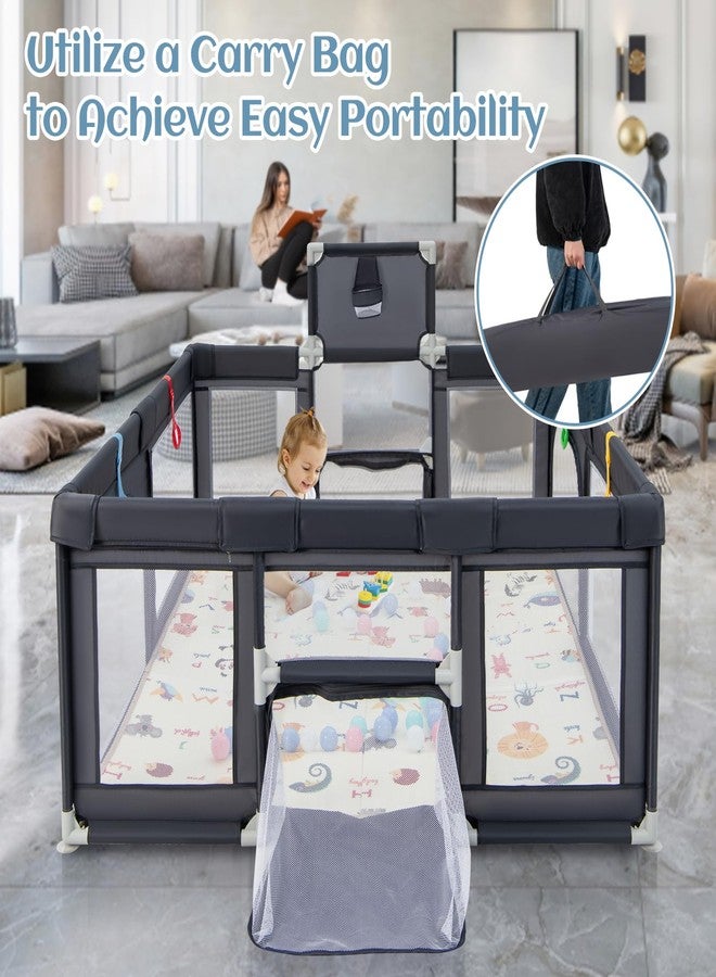 INFANS Baby Playpen, 74” x 62” Extra Large Baby Play Yard with Crawling Mat, 50 Ocean Balls, 4 Pill Up Rings, Basketball Hoop and 2 Football Gates, Activity Center for Toddler (Dark Gray) - Image 5