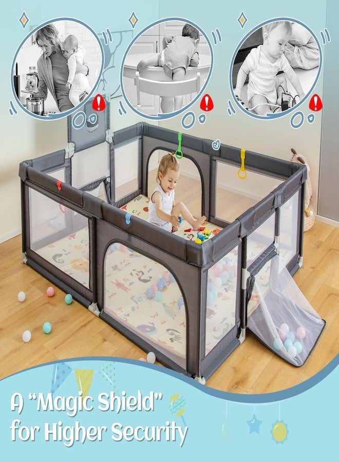 INFANS Baby Playpen, 74” x 62” Extra Large Baby Play Yard with Crawling Mat, 50 Ocean Balls, 4 Pill Up Rings, Basketball Hoop and 2 Football Gates, Activity Center for Toddler (Dark Gray) - Image 3