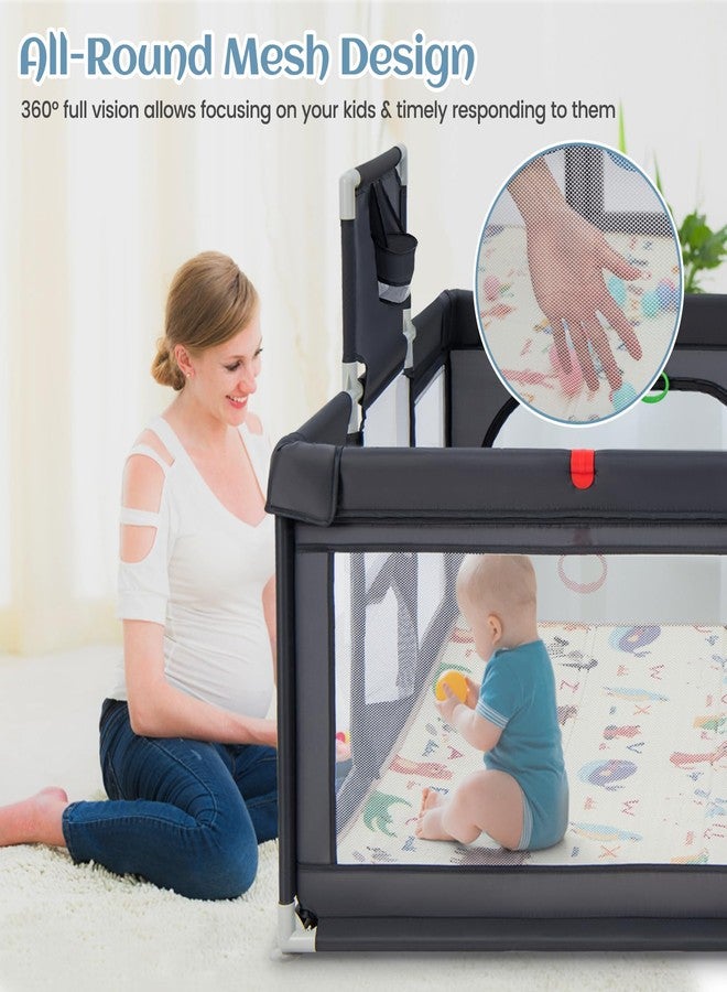 INFANS Baby Playpen, 74” x 62” Extra Large Baby Play Yard with Crawling Mat, 50 Ocean Balls, 4 Pill Up Rings, Basketball Hoop and 2 Football Gates, Activity Center for Toddler (Dark Gray) - Image 2
