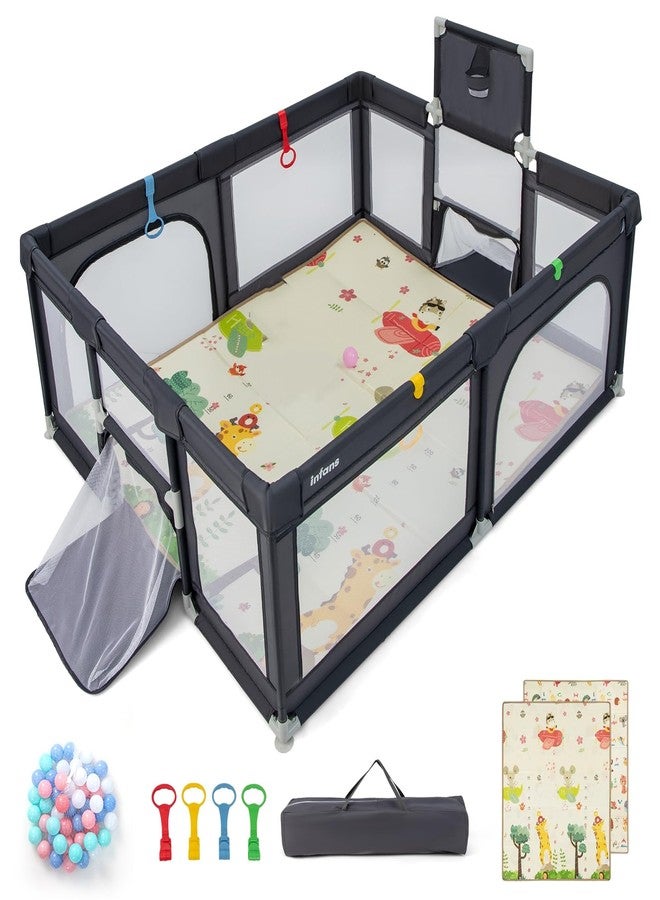 INFANS Baby Playpen, 74” x 62” Extra Large Baby Play Yard with Crawling Mat, 50 Ocean Balls, 4 Pill Up Rings, Basketball Hoop and 2 Football Gates, Activity Center for Toddler (Dark Gray) - Image 1
