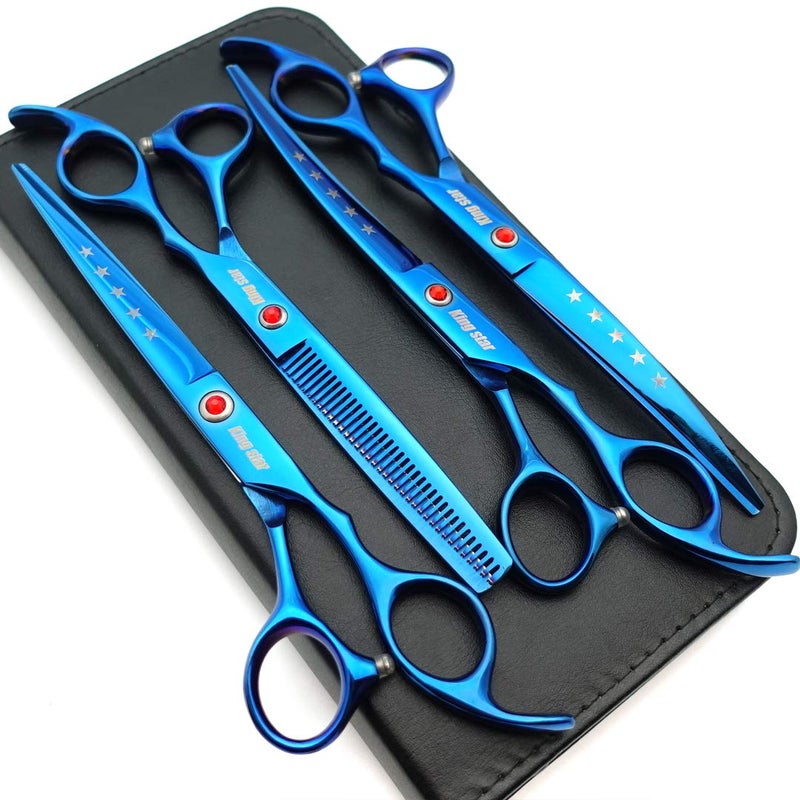 KINGSTAR 7.0in Titanium Blue Professional Pet Grooming Scissors Set,Straight & Thinning & Curved Scissors 4pcs Set for Dog Grooming,(Blue) - Image 1