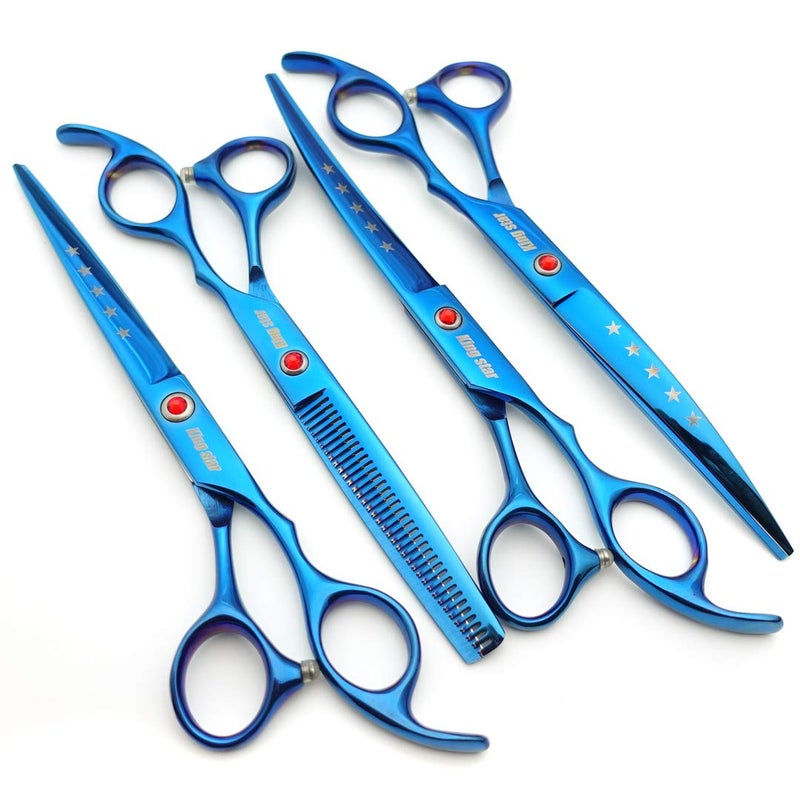 KINGSTAR 7.0in Titanium Blue Professional Pet Grooming Scissors Set,Straight & Thinning & Curved Scissors 4pcs Set for Dog Grooming,(Blue) - Image 3