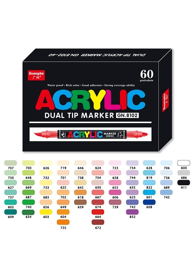 GuangNa 60 Colors Acrylic Dual Tip Marker Set, Liquid Acrylic Art Pens with Brush Tip & Fine Tip for Drawing, Coloring, DIY Crafts, Paper, Wood, Stone, Fabric & Glass - Image 1