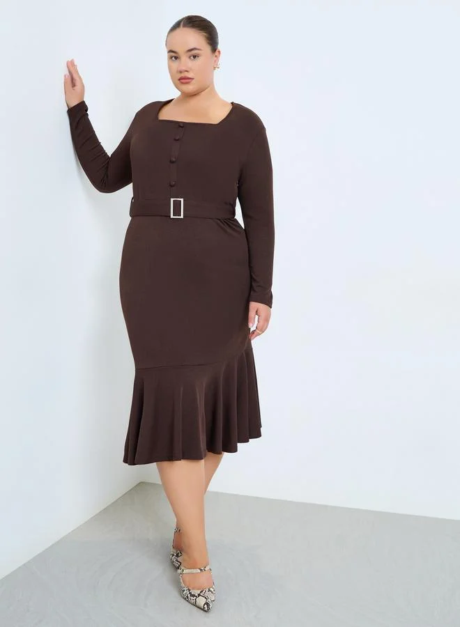 Styli Plus Size Long Sleeves Ruffle Hem Midi Dress