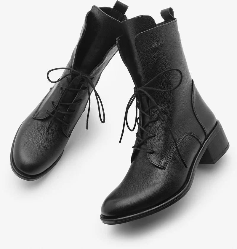 مارجين Women Genuine Leather Combat Boots Lace-Up Zippered Mech