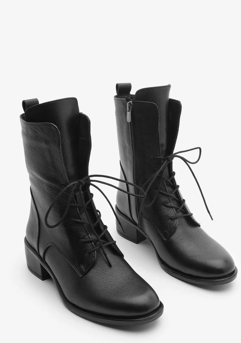 مارجين Women Genuine Leather Combat Boots Lace-Up Zippered Mech