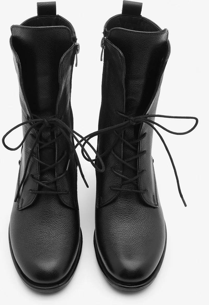 مارجين Women Genuine Leather Combat Boots Lace-Up Zippered Mech