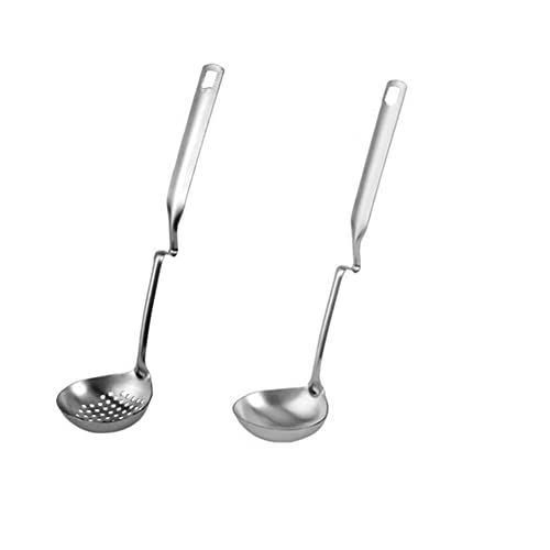 Honkenda 2 Pack Hot Pot Soup Ladle Spoon Slotted Spoons with S Shape Hanging Handle, 304 Stainless Steel Skimmer Spoon Ladles Strainer for Cooking - Image 1