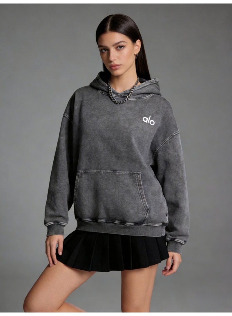 Alo Large Washed Grey Hoodie - Men's and Women's Soft Cotton Hoodie with Minimalist Logo and Kangaroo Pocket, Fashionable Vitality Top, Personalized Versatile Hoodie, Thickened Warmth Collection - Image 3