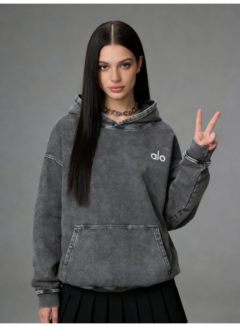 Alo Large Washed Grey Hoodie - Men's and Women's Soft Cotton Hoodie with Minimalist Logo and Kangaroo Pocket, Fashionable Vitality Top, Personalized Versatile Hoodie, Thickened Warmth Collection - Image 5