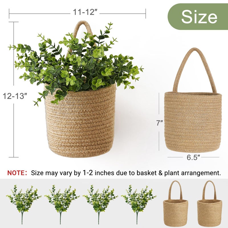 Dahey 2 Pack Wall Hanging Rope Basket (6.5"WÃ—7"H) with Artificial Eucalyptus, Jute Woven Storage Organizer Flower Plants Basket Farmhouse Rustic Wall Decor for Porch Living Room Bedroom Entryway,Brown - Image 3