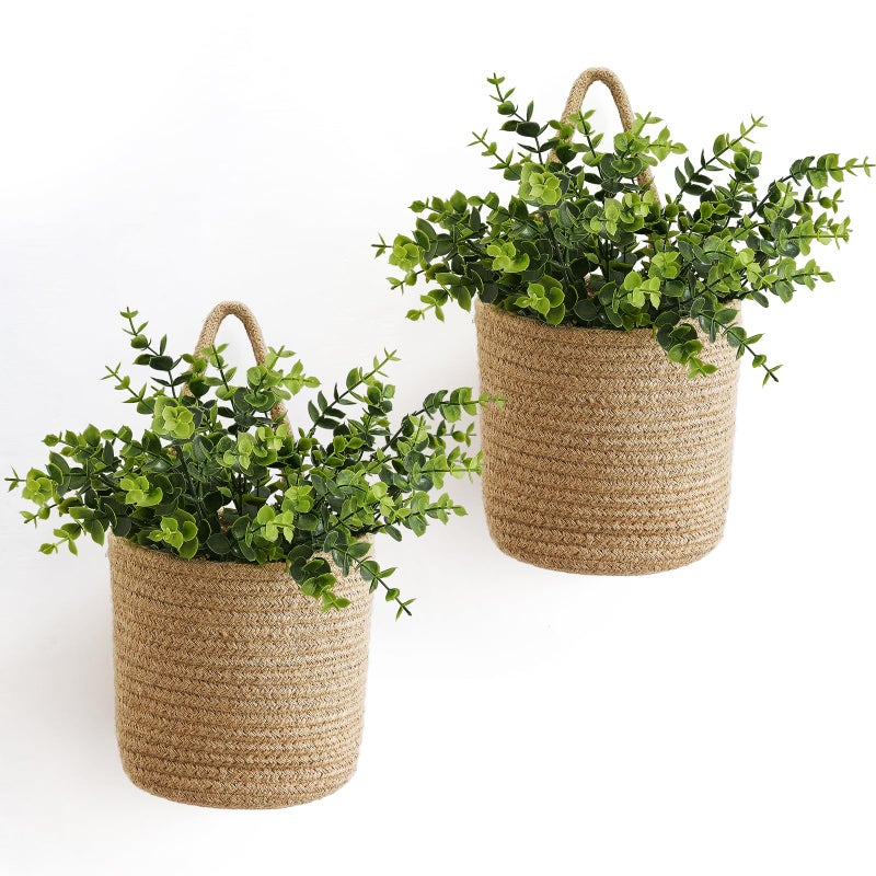 Dahey 2 Pack Wall Hanging Rope Basket (6.5"WÃ—7"H) with Artificial Eucalyptus, Jute Woven Storage Organizer Flower Plants Basket Farmhouse Rustic Wall Decor for Porch Living Room Bedroom Entryway,Brown - Image 1