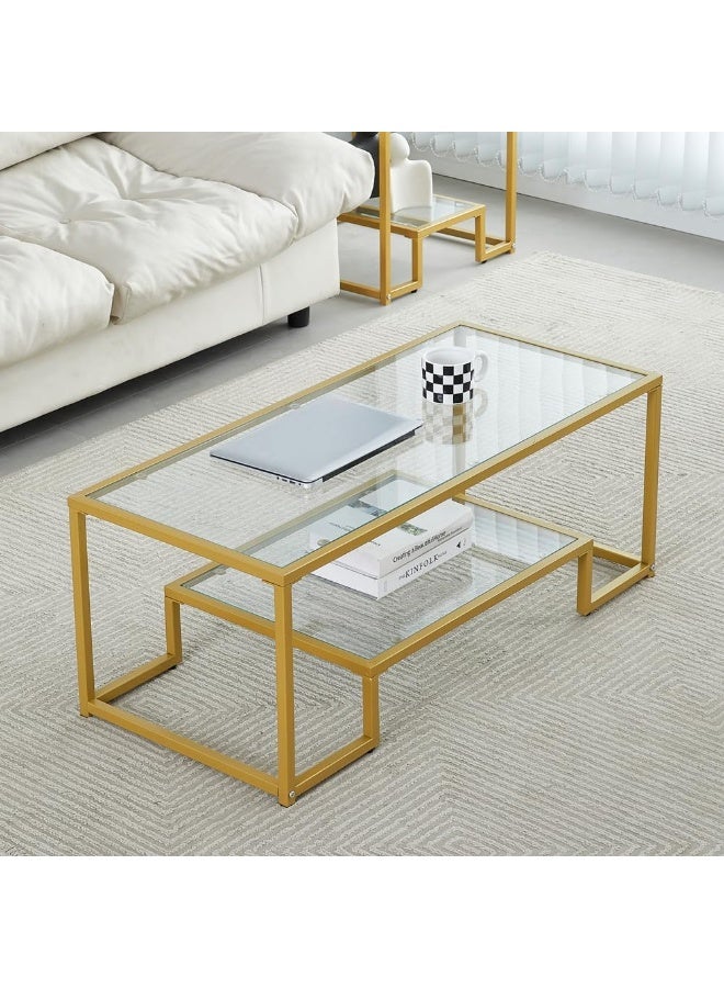 Hometaste Coffee Table 2 Tier Modern Tempered Glass Tabletop With Sturdy Metal Frame Centre Table For Dining Room Modern Geometric Glass Coffee Table With Mid Glass Shelf Gold