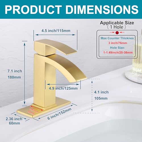 Jodulos Gold Bathroom Faucet Waterfall Bathroom Sink Faucet with cUPC Supply Hose and Pop Up Drain Single Handle Single Hole Modern Faucet for Bathroom Vanity - Image 3