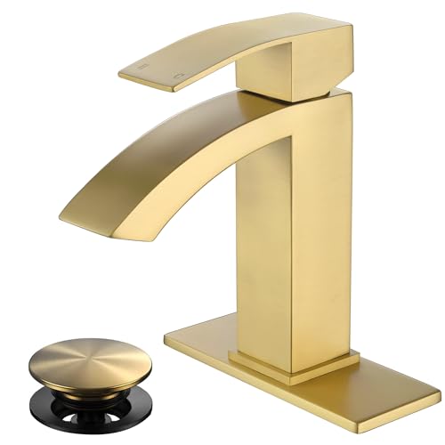 Jodulos Gold Bathroom Faucet Waterfall Bathroom Sink Faucet with cUPC Supply Hose and Pop Up Drain Single Handle Single Hole Modern Faucet for Bathroom Vanity - Image 1
