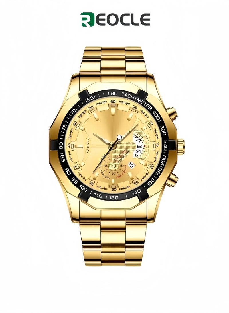 ريوكل ساعة كوارتز للرجال بحزام من الفولاذ المقاوم للصدأ ومقاومة للماء للاستخدام اليومي ووظيفة التقويم وقرص دائري كبير وساعة عمل غير ميكانيكية عصرية - Image 1
