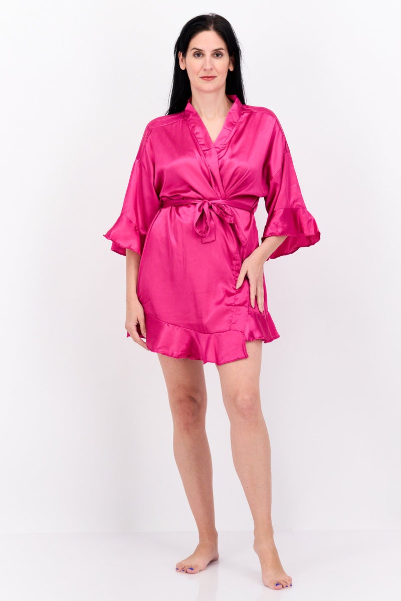 BRAVE SOUL Women Satin Belted Sleepwear Robe, Pink  - Image 4