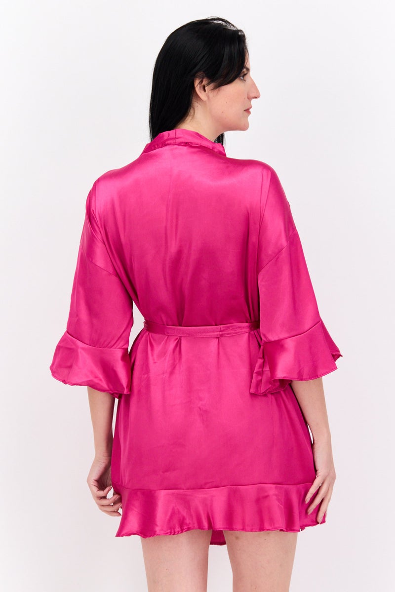 BRAVE SOUL Women Satin Belted Sleepwear Robe, Pink  - Image 3